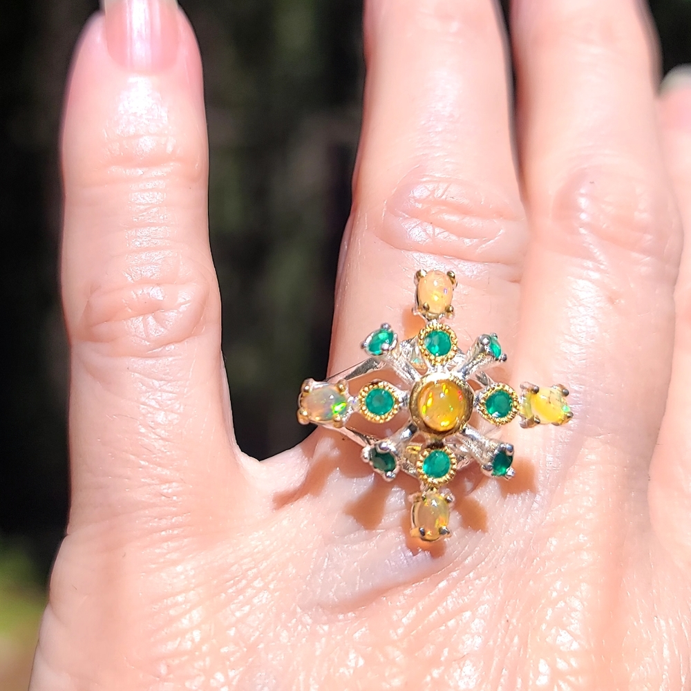 Fire Opal & Green Onyx sterling Queens Ring sz6.5 - Picture 8 of 8